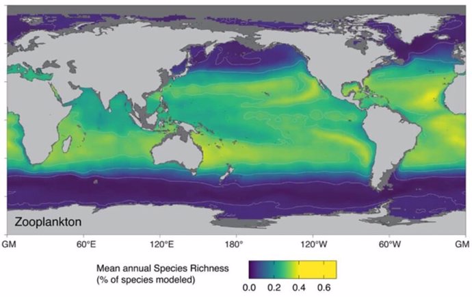 Hoy en día, la diversidad de especies de zooplancton es mayor en las regiones tropicales y subtropicales (amarillo) y menor en los mares polares (violeta).
