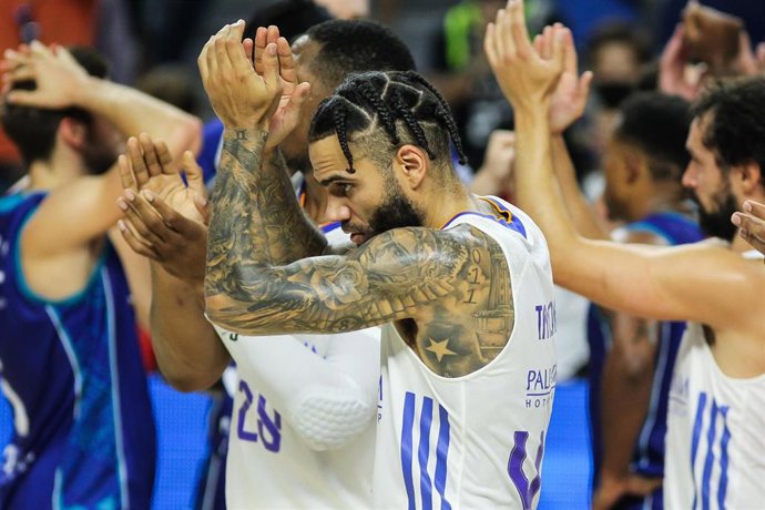 Jeffery Taylor of Real Madrid celebrates the victory after the spanish league, Liga Endesa, basketball match played between Real Madrid and San Pablo Burgos at WiZink Center on September 19, 2021, in Madrid, Spain.