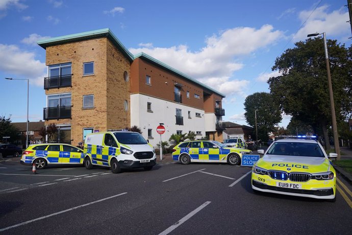 15 October 2021, United Kingdom, Leigh-On-Sea: Emergency services at the scene near the Belfairs Methodist Church in Eastwood Road North, where Conservative lawmaker Sir David Amess has died after he was stabbed several times at a constituency surgery. 