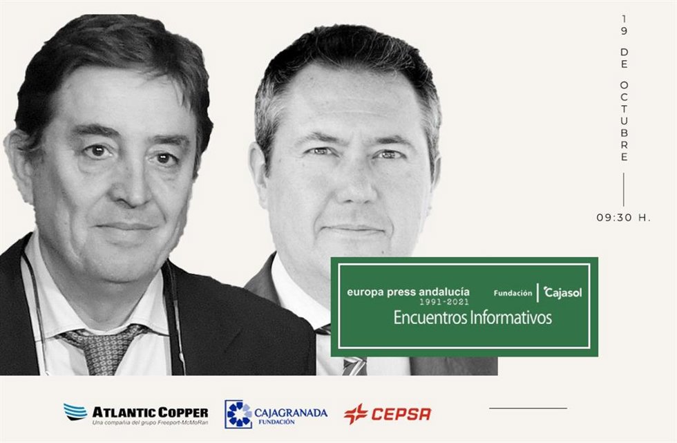 Cartel anunciador del encuentro informativo de Europa Press Andalucía con el secretario general del PSOE-A, Juan Espadas, y el director del Instituto Cervantes, Luis García Montero, el martes 19 de octubre en Granada