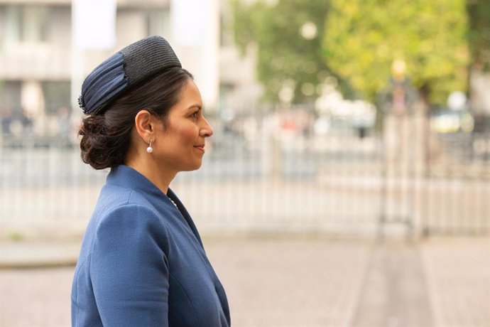 19 September 2021, United Kingdom, London: UK Home Secretary Priti Patel, arrives for a service of Thanksgiving and Rededication to commemorate the 81st Anniversary of the Battle of Britain at Westminster Abbey. Photo: James Manning/PA Wire/dpa