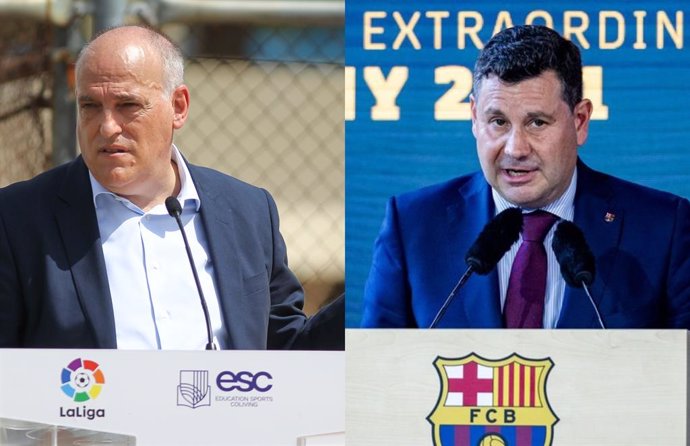 Archivo - El presidente de LaLiga, Javier Tebas, y el vicepresidente económico del FC Barcelona, Eduard Romeu
