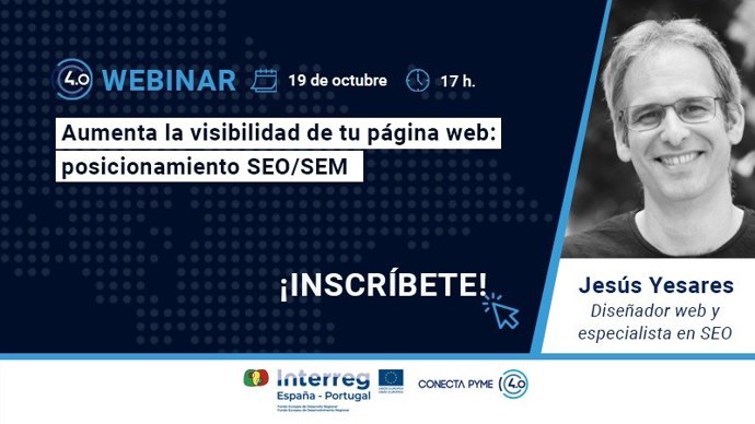 Cartel de un webinar para aumentar la visibilidad de las páginas web a través del posicionamiento SEO/SEM