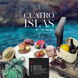 Cartel del estand de la Conselleria de Agricultura, bajo el lema 'Cuatro islas por saborear', en el Salón Gourmets de Madrid.