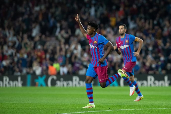 Ansu Fati of FC Barcelona celebrates a goal during the spanish league, La Liga Santander, football match played between FC Barcelona and Valencia at Camp Nou stadium on October 17, 2021, in Barcelona, Spain.