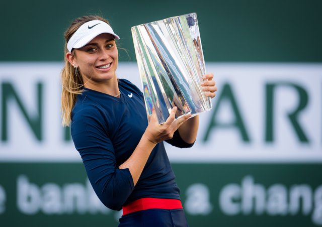 Paula Badosa of Spain with the champions trophy after winning the final of the 2021 BNP Paribas Open WTA 1000 tennis tournament against Victoria Azarenka of Belarus