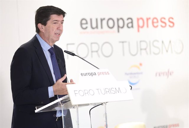 El vicepresidente y consejero de Turismo, Juan Marín, este lunes en Madrid durante su intervención en el Foro Turismo organizado por Europa Press.
