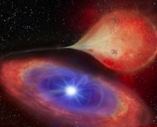 El ejemplo de la impresión de un artista de una enana blanca, en esta imagen, la enana blanca MV Lyrae, se acumula a medida que extrae material de una estrella compañera.