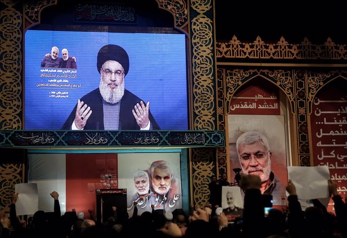 Archivo - dpatop - 05 January 2020, Lebanon, Beirut: Secretary-General of Lebanon's Iran-allied Hezbollah movement, Hassan Nasrallah, delivers a televised speech, in tribute to Qassem Soleimani, commander of the elite Quds Force of the Iranian Revolutio