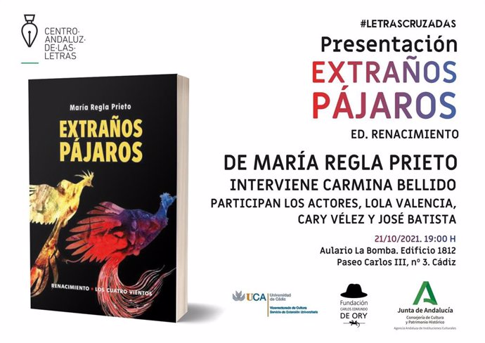 Cartel promocionador de la presentación del libro 'Extraños pájaros', de María Regla Prieto, en Cádiz.