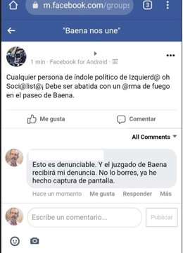 Captura de pantalla del mensaje incitando a abatir con armas de fuego a los socialistas en Baena.