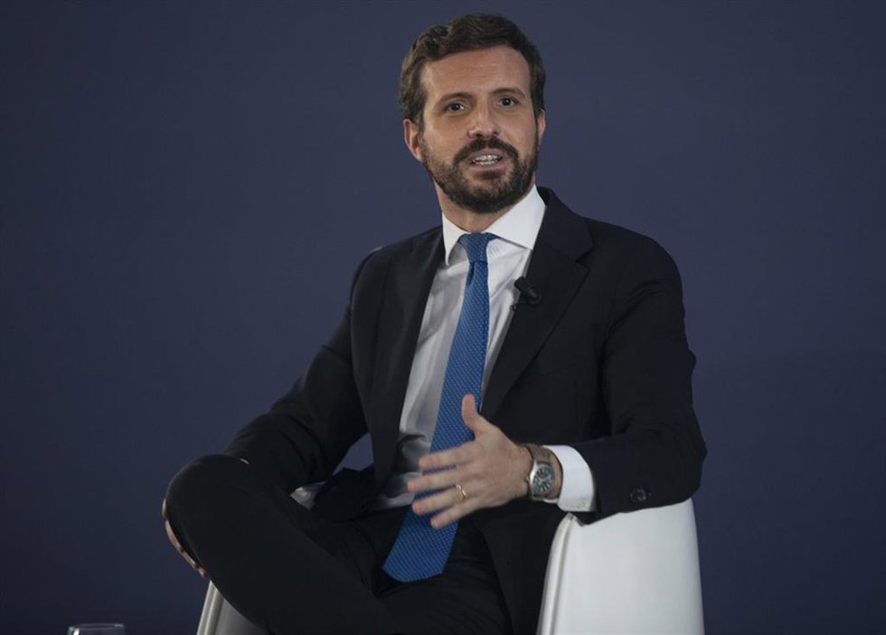 El presidente del PP, Pablo Casado, durante su intervención en la convención sobre 'La fortaleza de las instituciones' en el marco de la Convención Nacional del PP. A 30 de septiembre de 2021, en Sevilla (Andalucía, España). 