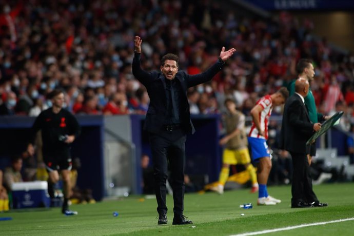 Diego Pablo Simeone, coach of Atletico de Madrid, gestures during the UEFA Champions League, Group B, football match played between Atletico de Madrid and Liverpool FC at Wanda Metropolitano stadium on October 19, 2021, in Madrid, Spain.