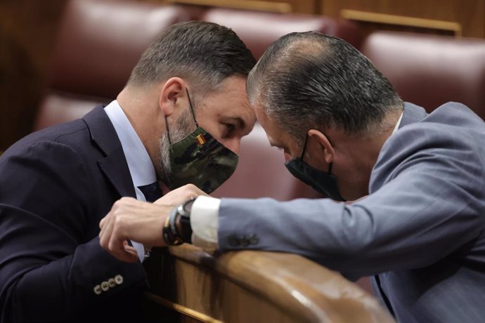 El líder de Vox, Santiago Abascal (i), conversa con el secretario general de Vox, Javier Ortega Smith.