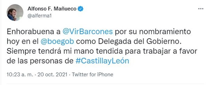 Mensaje del presidente de la Junta de Castilla y León, Alfonso Fernández Mañueco, en el que da la enhorabuena a Virginia Barcones por su nombramiento como delegada del Gobierno.