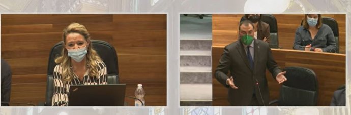 La portavoz del PP, Teresa Mallada y el presidente del Principado, Adrián Barbón, durante el debate en la Junta General.