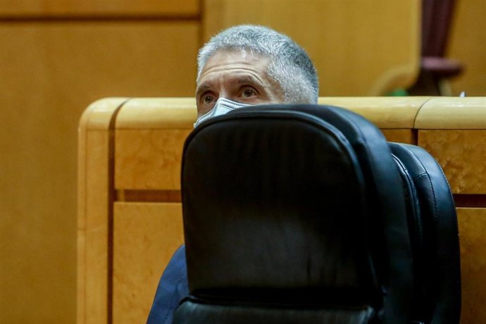 El ministro de Interior, Fernando Grande-Marlaska, durante una sesión de control al Gobierno en el Senado, a 19 de octubre de 2021, en Madrid (España). El Partido Popular quiere que el Senado apruebe una declaración institucional que incluya una condena