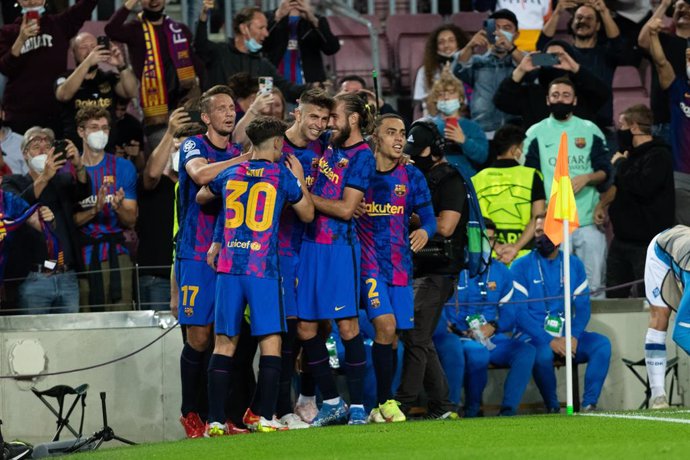 3 Gerard Pique of FC Barcelona celebrates a goal with teammates during the UEFA Champions League, football match played between FC Barcelona and Dinamo de Kiev at Camp Nou stadium on October 20, 2021, in Barcelona, Spain.