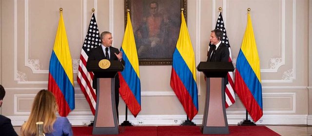 El presidente de Colombia, Iván Duque Márquez, y el secretario de Estado de Estados Unidos, Antony Blinken, en una rueda de prensa tras su reunión.