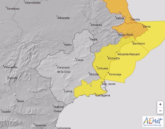 Mapa de los avisos activos en la Región de Murcia