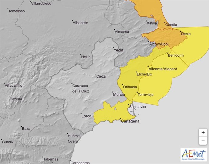 Mapa de los avisos activos en la Región de Murcia