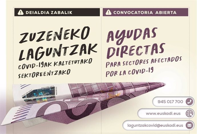 Cartel de ayudas directas de apoyo a empresas y autónomos en la nueva convocatoria de Gobierno Vasco.