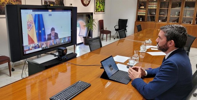 El consejero Antonio Luengo, durante la videoconferencia mantenida con el ministro de Agric ultura, Luis Planas.