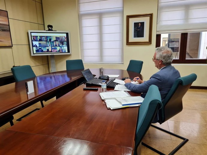El consejero de Agricultura, Ganadería y Medio Ambiente del Gobierno de Aragón, Joaquín Olona, durante la Conferencia Sectorial, celebrada telemáticamente.