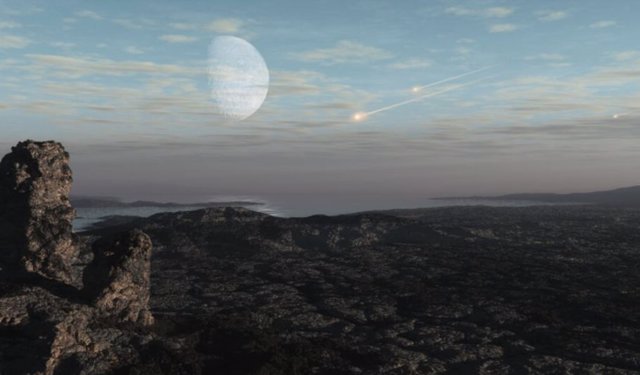 Esta concepción artística ilustra grandes asteroides que penetran en la atmósfera pobre en oxígeno de la Tierra.