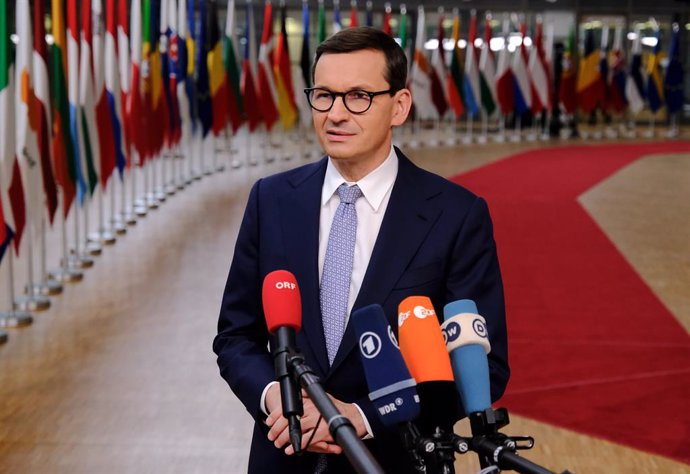 HANDOUT - 21 October 2021, Belgium, Brussels: Poland's Prime Minister Mateusz Morawiecki speaks to media as he arrives on the first day of a European Union summit at The European Council. Photo: Alexandros Michailidis/European Council/dpa - ATTENTION: e