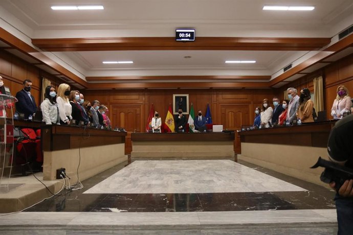 El Salón de Plenos del Ayuntamientode Córdoba guarda un minuto de silencio por las víctimas del Covid-19.