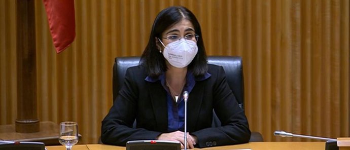 La ministra de Sanidad, Carolina Darias, durante su intervención en la III Jornada Anual de Concienciación sobre la Vacunación, que se ha celebrado este jueves en la Sala Ernest Lluch del Congreso de los Diputados. A 21 de octubre de 2021, en Madrid.