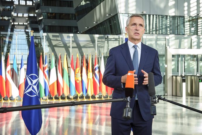 21 October 2021, Belgium, Brussels: NATO Secretary General Jens Stoltenberg delivers a doorstep statement at the start of the NATO Defence Ministers meeting. Photo: F.Garrido-Ramirez/NATO/dpa - ATTENTION: editorial use only and only if the credit mentio