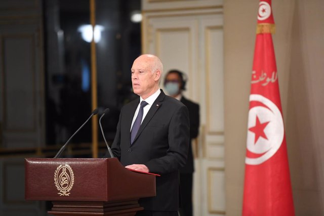 11 October 2021, Tunisia, Carthage: Tunisian President Kais Saied speaks during the new government's swearing-in ceremony at the Carthage Presidential Palace. Photo: Chokri Mahjoub/ZUMA Press Wire/dpa