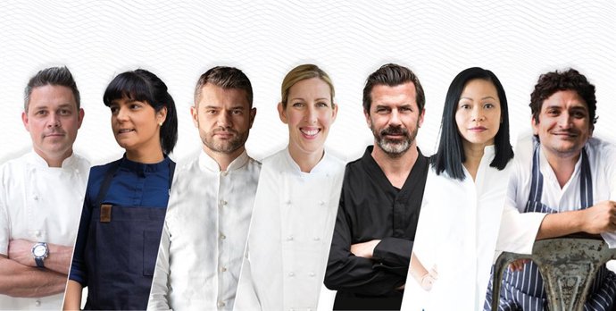 The Grand Jury. From left to right: Gavin Kaysen, Manu Buffara, Enrico Bartolini, Clare Smyth, Andreas Caminada, Pim Techamuanvivit, Mauro Colagreco.