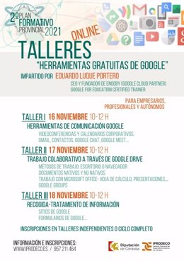 Cartel del taller 'Herramientas gratuitas de Google'.