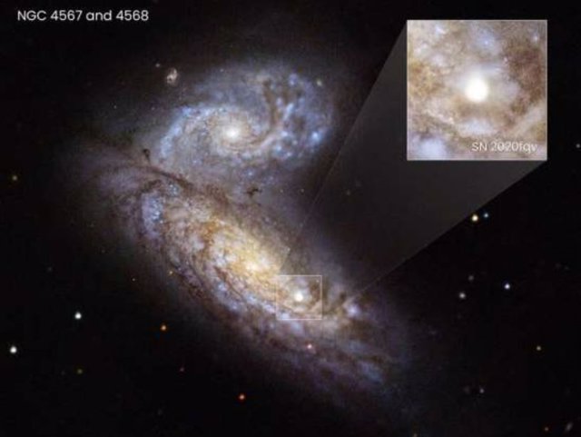 Los astrónomos fueron testigos recientemente de la explosión de la supernova SN 2020fqv dentro de las galaxias Butterfly en interacción, ubicadas a unos 60 millones de años luz de distancia en la constelación de Virgo.