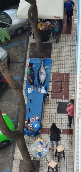 Imagen del ronqueo de un atún en plena calle en Málaga