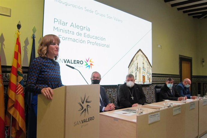 La ministra de Educación y FP, Pilar Alegría, asiste a la inauguración de la nueva sede del Grupo San Valero.