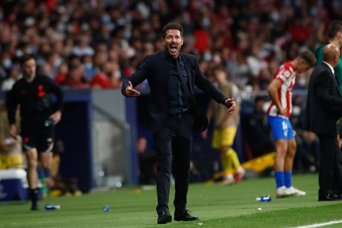 Diego Pablo Simeone, coach of Atletico de Madrid, gestures during the UEFA Champions League, Group B, football match played between Atletico de Madrid and Liverpool FC at Wanda Metropolitano stadium on October 19, 2021, in Madrid, Spain.