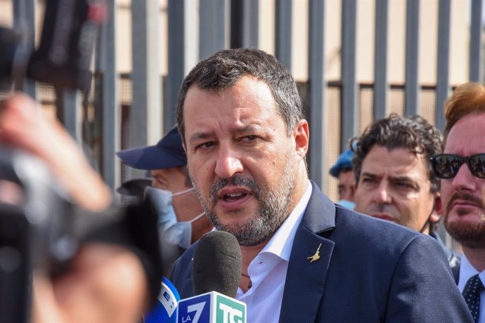 23 October 2021, Italy, Palermo: Former Italian interior minister Matteo Salvini speaks to the media upon arrival to the court for the opening hearing in the trial over his 2019 role in preventing the Open Arms migrant rescue ship from docking at an Ita