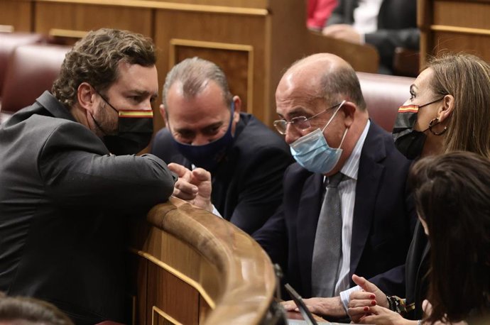 El portavoz de Vox en el Congreso, Iván Espinosa de los Monteros (i); y el diputado de Vox, Ignacio Gil Lázaro (2d), conversan en una sesión de control al Gobierno en el Congreso 