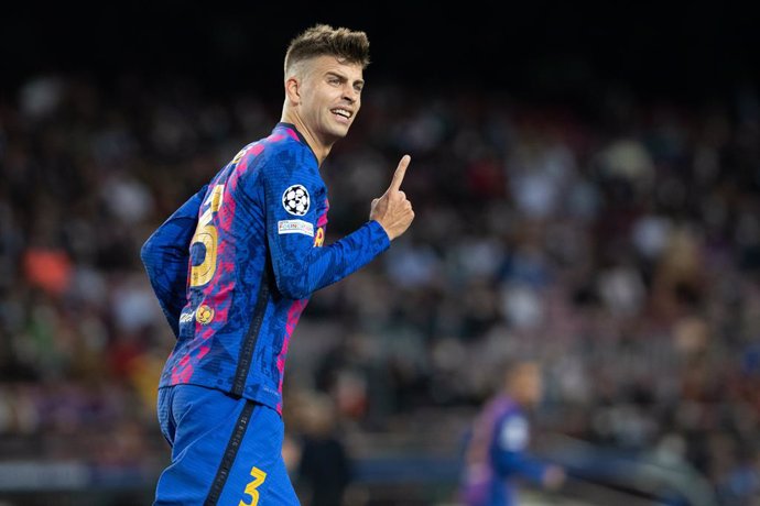 3 Gerard Pique of FC Barcelona gestures during the UEFA Champions League, football match played between FC Barcelona and Dinamo de Kiev at Camp Nou stadium on October 20, 2021, in Barcelona, Spain.