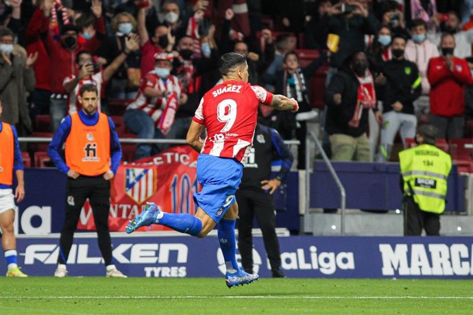 Luis Suarez of Atletico de Madrid celebrates a goal during La Liga football match played between Atletico de Madrid and Real Sociedad at Wanda Metropolitano stadium on October 24th, 2021 in Madrid, Spain.