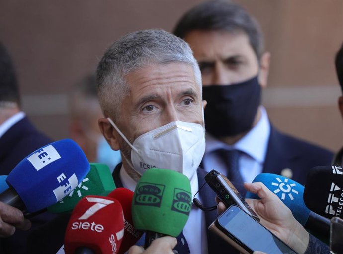 El ministro del Interior, Fernando Grande-Marlaska, atiende a los medios en Sevilla.