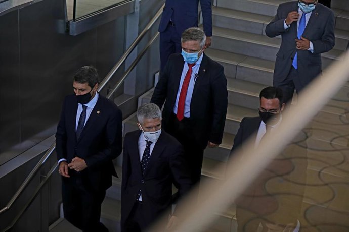 El ministro del Interior, Fernando Grande-Marlaska, en primera fila a la derecha, este lunes en Sevilla