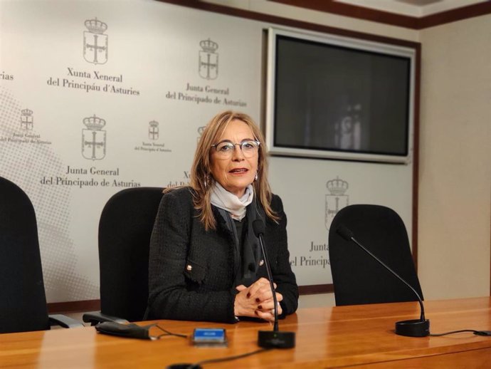 La portavoz de IU en la Junta General, Ángela Vallina, en rueda de prensa.