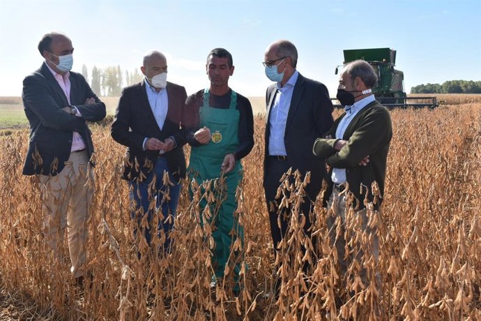 El consejero Jesús Julio Carnero, segundo por la izquierda, en una plantación de soja en Arabayona de Mógica.