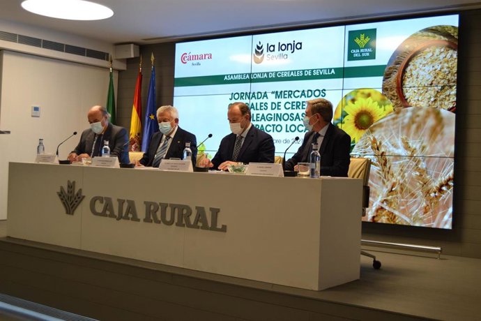 El presidente de la Autoridad Portuaria de Sevilla (APS), Rafael Carmona, en la Asamblea de la Lonja de Cereales de Sevilla, donde ha anunciado el aumento del calado mínimo de acceso al canal del río.