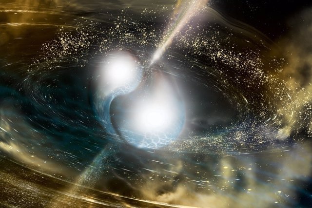 Una nueva investigación sugiere que las estrellas de neutrones binarios son una fuente cósmica probable del oro, el platino y otros metales pesados que vemos hoy.